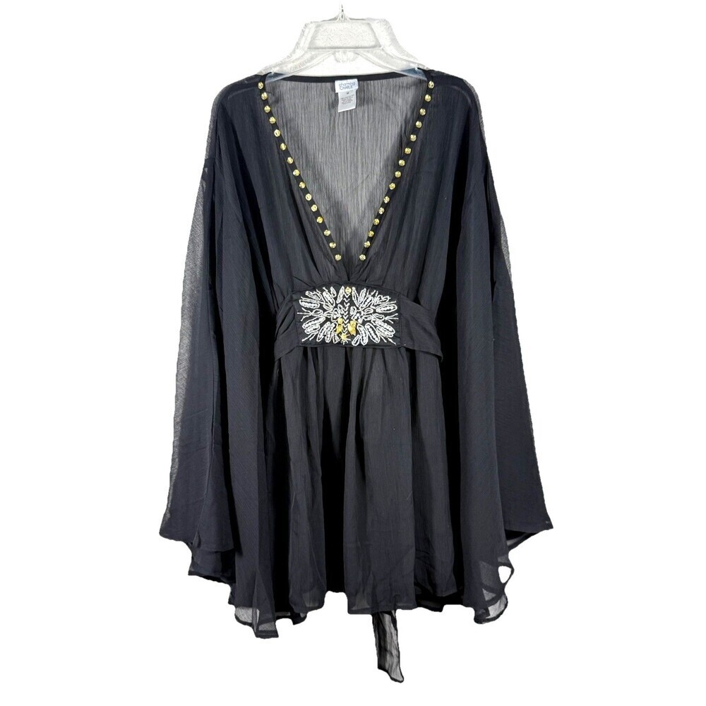 Boho Sheer Kimono Top Beaded Festival Chiffon Tie Waist Black M whimsygoth